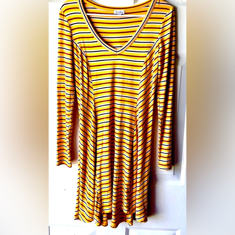 Love, Fire Yellow Red Black White Striped Sectional Knit A-Line Dress Sz Small